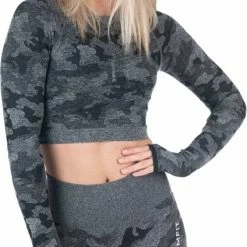 GYMFIT - Longsleeve Camo Black - Sportkleding Dames - Sportlegging Dames - High Waist - Yoga Legging Dames - Maat S