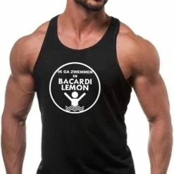 Merkloos Zwarte Tanktop Sportshirt Met “Ik Ga Zwemmen In Bacardi Lemon “ Print Wit Size XXL