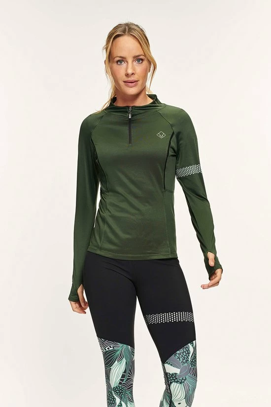 Active Panther T-shirt Julia Solid Zip Army Green, Dames Loopshirt Sport Training Shirt Met Lange Mouwen, 5 Active Panther T-shirt Julia Solid Zip Army Green, Dames Loopshirt Sport Training Shirt Met Lange Mouwen, - Afbeelding 3